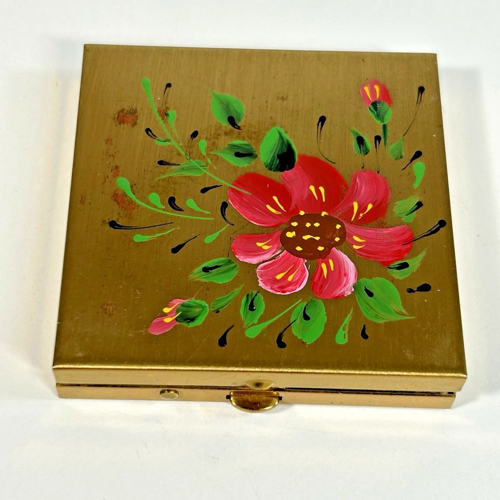 Vintage Compact Case w/Powder Puff, Gold Tone, Hand Painted Flowers READ